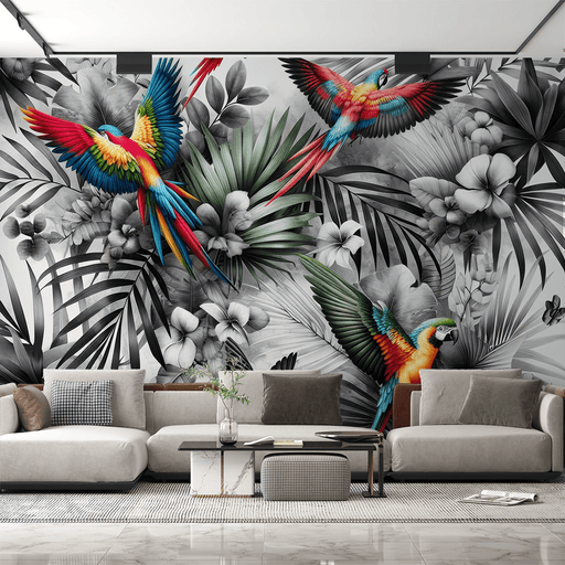 Parrot wallpaper mural featuring colorful birds and black and white tropical plants - Carving wallpaper
