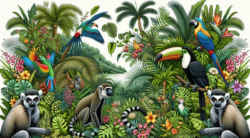 Parrot Wallpaper Mural | toucans, monkeys, and parrots in tropical jungles - Carving wallpaper