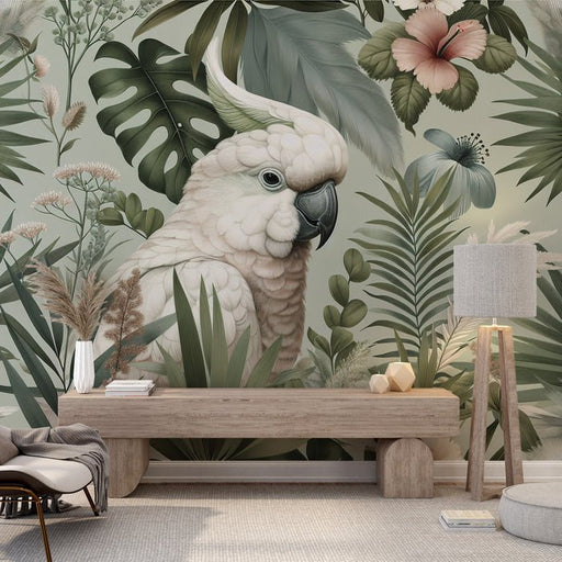 Parrot Wallpaper Mural | White Parrot in the Middle of Tropical Leaves - Carving wallpaper