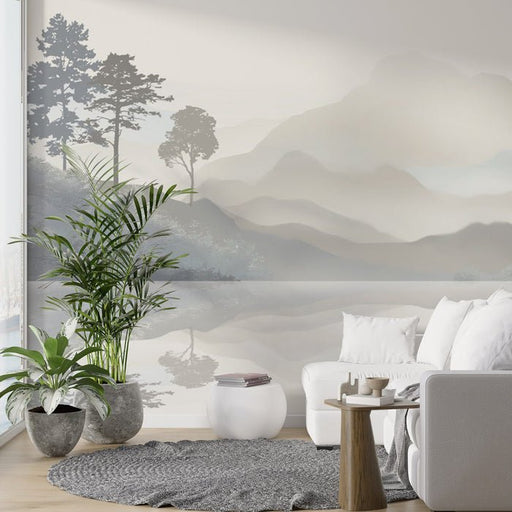 Peaceful Landscape Wallpaper Mural | Misty Forest Reflects on a Calm Lake - Carving wallpaper