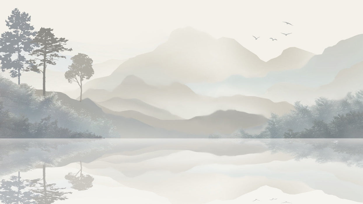 Peaceful Landscape Wallpaper Mural | Misty Forest Reflects on a Calm Lake - Carving wallpaper