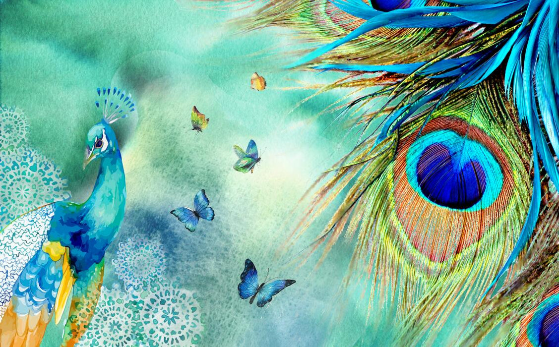 Peacock and butterfly wallpaper mural | colorful, full of natural agility - Carving wallpaper
