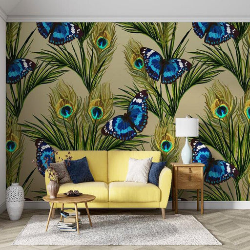 Peacock Feather Wallpaper Mural | Blue Butterfly and Peacock Feathers - Carving wallpaper