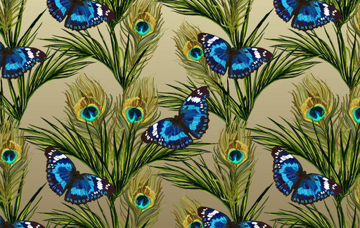 Peacock Feather Wallpaper Mural | Blue Butterfly and Peacock Feathers - Carving wallpaper
