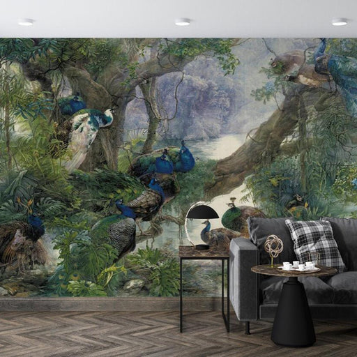 Peacock Jungle Mural Wallpaper | Tree and Peacock - Carving wallpaper