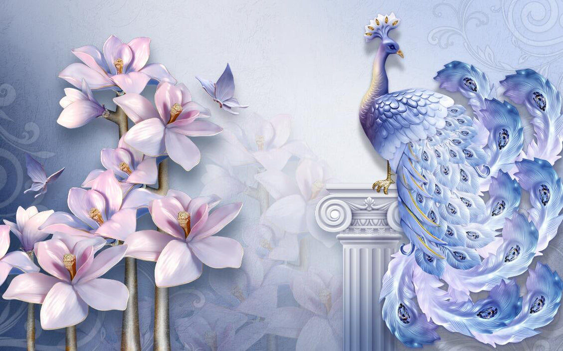 Peacock Wallpaper Mural | Blue Purple Flower Peacock - Carving wallpaper