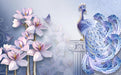 Peacock Wallpaper Mural | Blue Purple Flower Peacock - Carving wallpaper