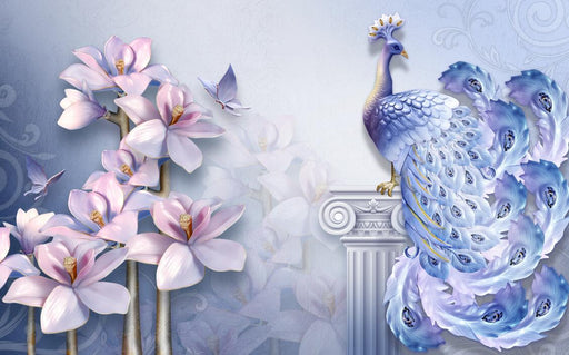 Peacock Wallpaper Mural | Blue Purple Flower Peacock - Carving wallpaper