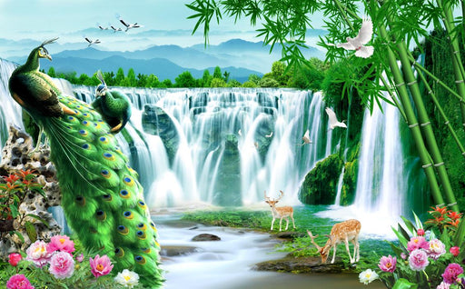 Peacock wallpaper mural | jade bamboo waterfall atmospheric beautiful wallpaper - Carving wallpaper