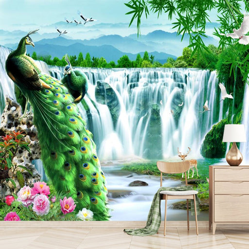 Peacock wallpaper mural | jade bamboo waterfall atmospheric beautiful wallpaper - Carving wallpaper