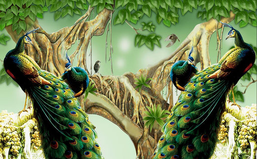 Peacock Wallpaper Mural | Natural Green Forest Peacock - Carving wallpaper