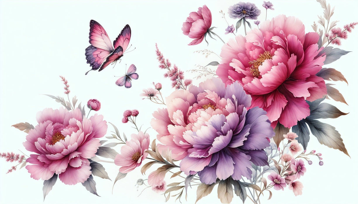 Peony Butterfly Flower Wallpaper Mural | Pink Purple Gradient to Rose Red - Carving wallpaper