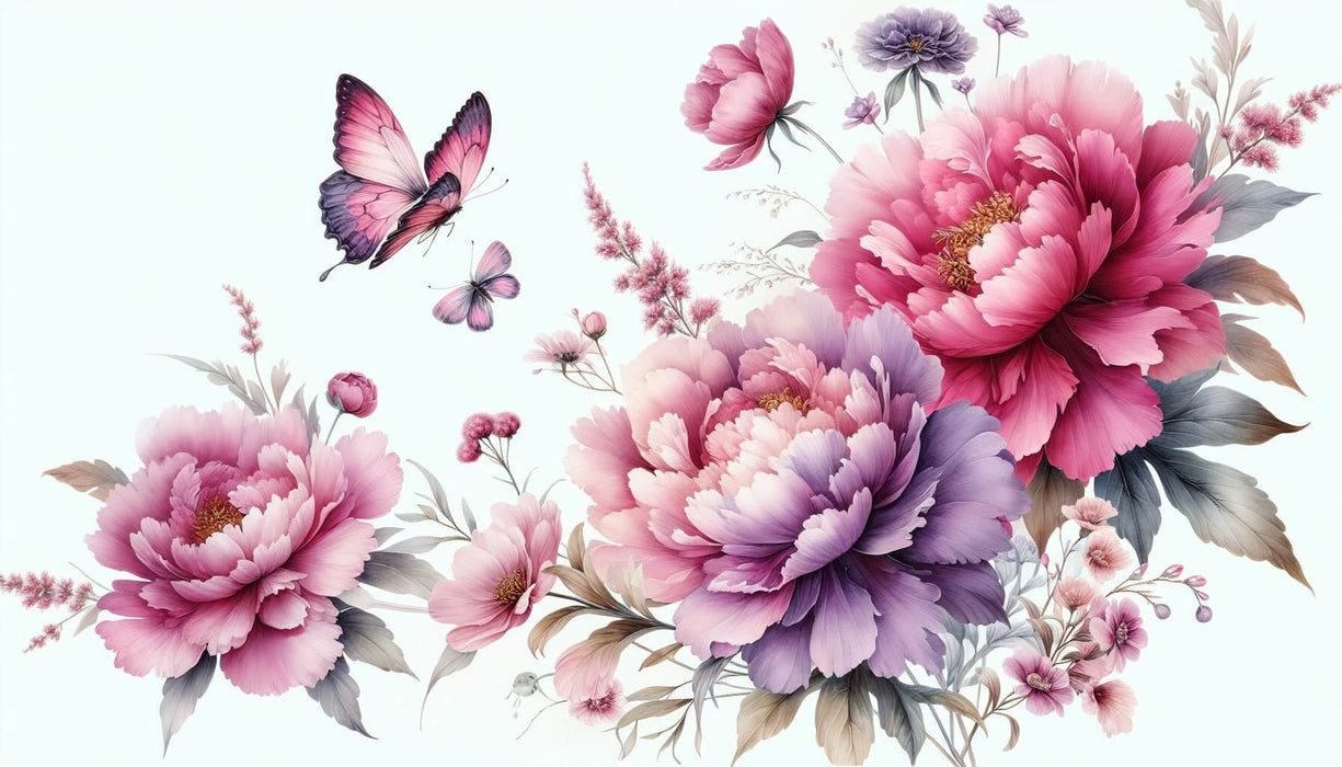 Peony Butterfly Flower Wallpaper Mural | Pink Purple Gradient to Rose Red