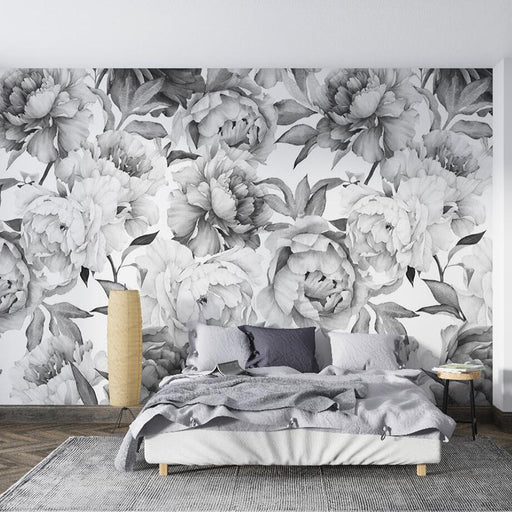 Peony Wallpaper Mural | Black and White Peony Flower Pattern - Carving wallpaper