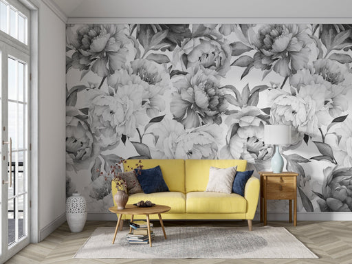 Peony Wallpaper Mural | Black and White Peony Flower Pattern - Carving wallpaper