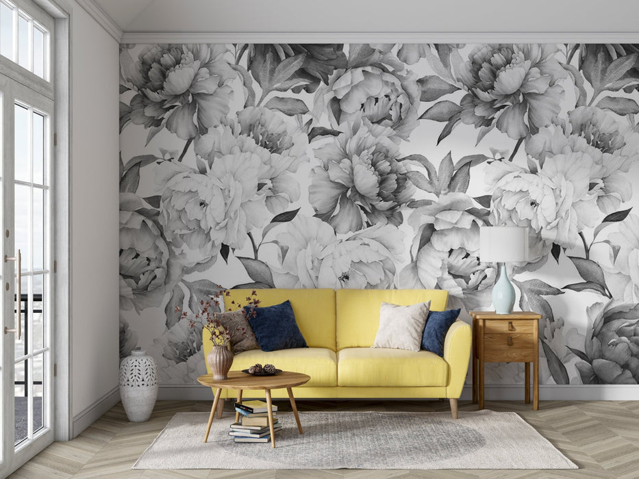 Peony Wallpaper Mural | Black and White Peony Flower Pattern - Carving wallpaper