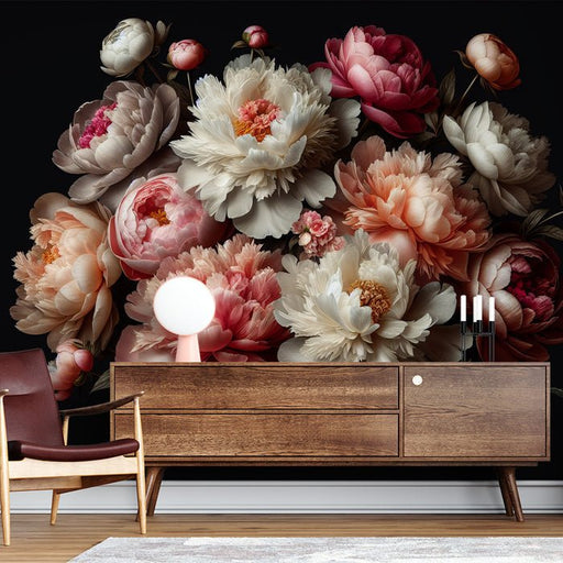 Peony wallpaper mural | Black background flowers - Carving wallpaper
