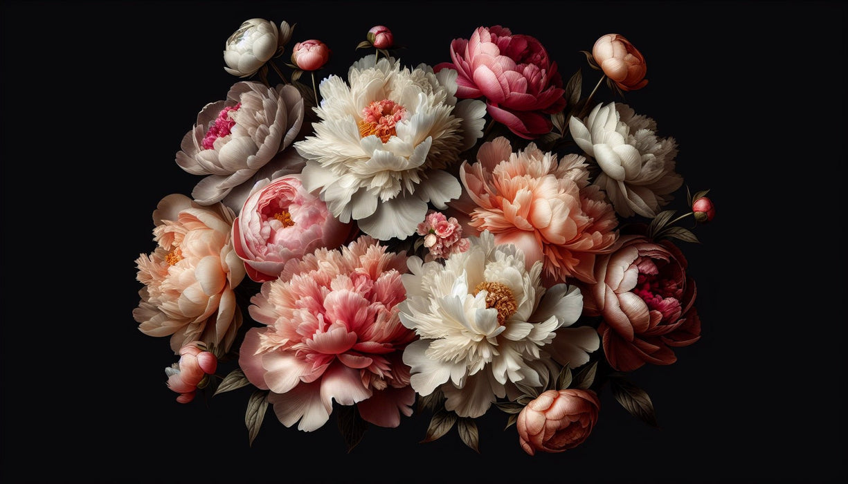 Peony wallpaper mural | Black background flowers - Carving wallpaper