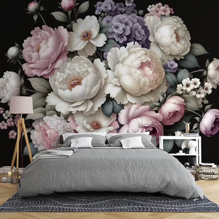 Peony Wallpaper Mural | Black Background Peony Hydrangea - lush white, pink, purple flowers on a black backdrop to serenely decorate bedroom