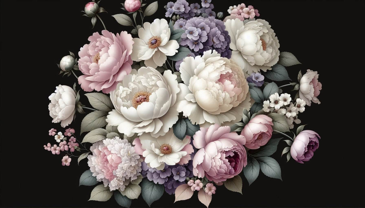 Peony Wallpaper Mural | Black Background Peony Hydrangea with white, pink, and purple flowers on a black backdrop