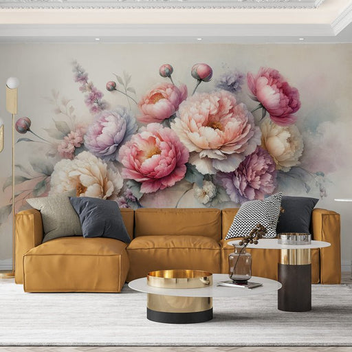 Peony Wallpaper Mural | Colorful Pink and Purple Composition - Carving wallpaper