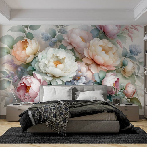Peony Wallpaper Mural | Large Flowers on Watercolor Background - Carving wallpaper