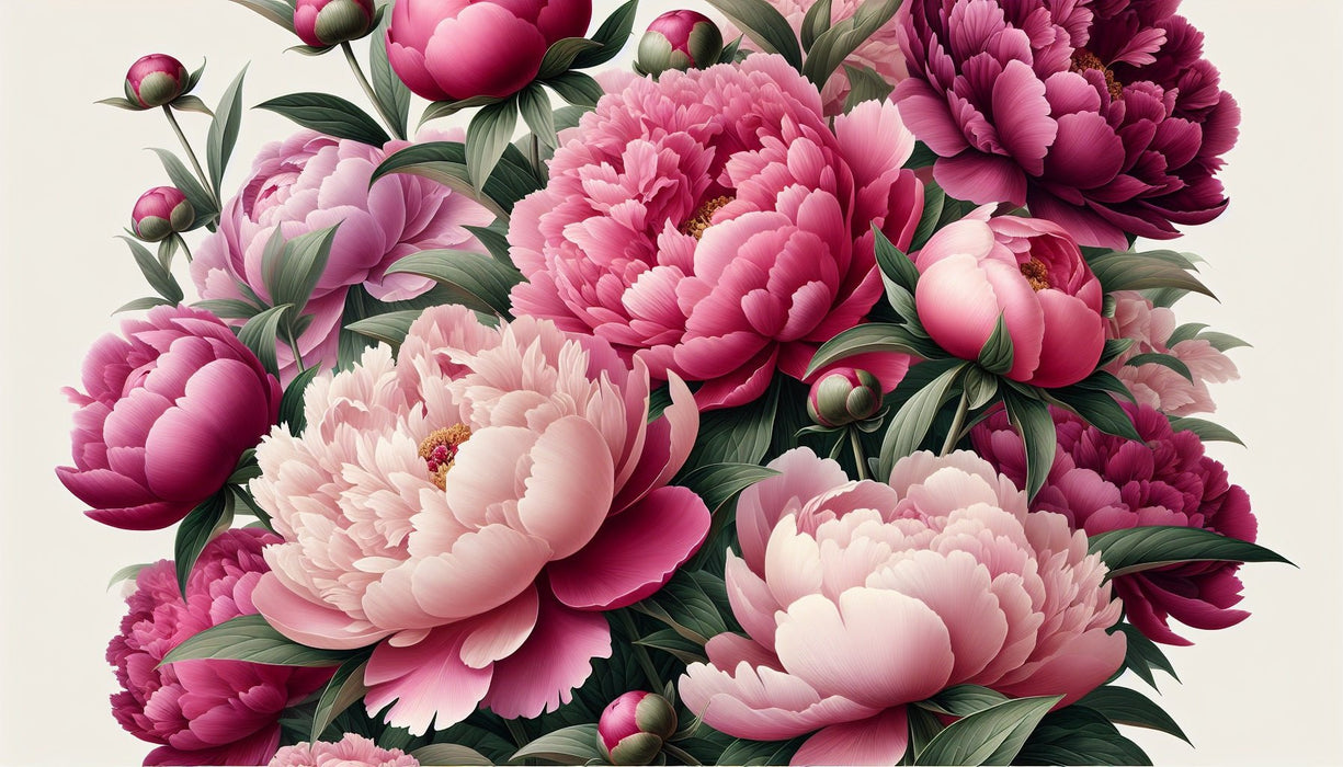Peony Wallpaper Mural | Pink and Purple Flowers with Green Leaves - Carving wallpaper
