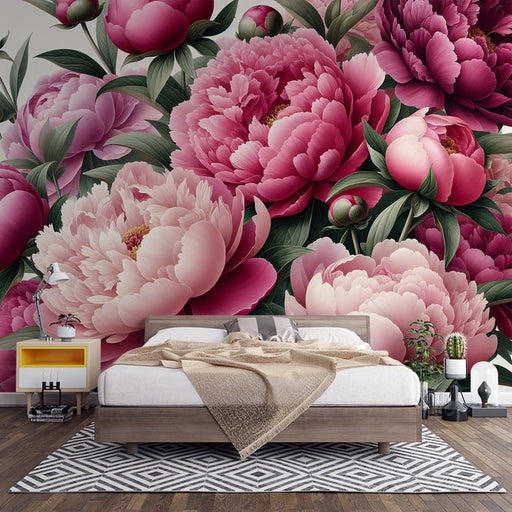 Peony Wallpaper Mural | Pink and Purple Flowers with Green Leaves - Carving wallpaper