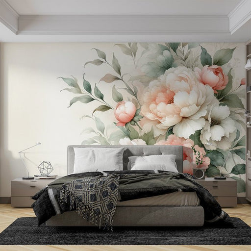 Peony Wallpaper Mural | Pink and White Peonies - Carving wallpaper