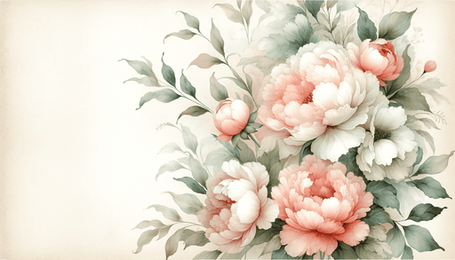 Peony Wallpaper Mural | Pink and White Peonies - vintage-style wallpaper with tender pink and white petals, green leaves, delicate brushstrokes