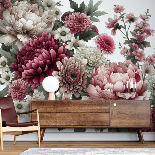 Peony Wallpaper Mural | Pink, White, Red Flower Lines - Carving wallpaper