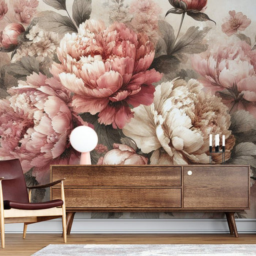 Peony Wallpaper Mural | Retro Flowers - Carving wallpaper