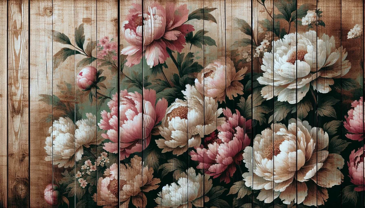 Peony wallpaper mural | White and pink petal wooden board