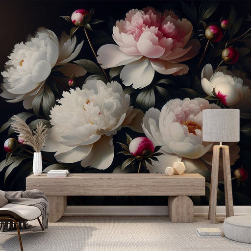 Peony Wallpaper Mural | White and Pink Peony Flowers - Carving wallpaper