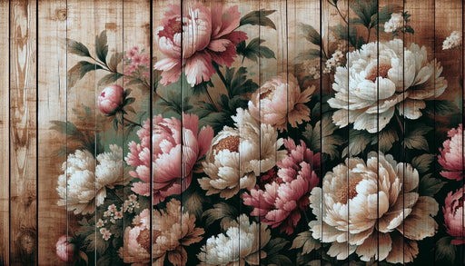 Peony wallpaper mural | White and pink petal wooden board - Carving wallpaper