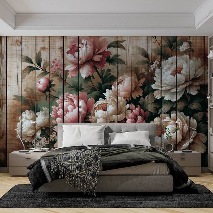 Peony wallpaper mural | White and pink petal wooden board