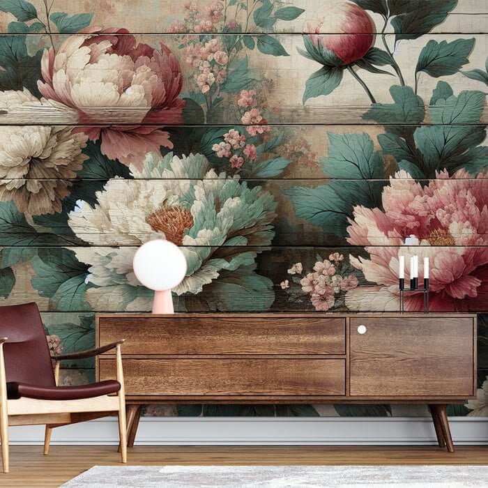 Peony wood wallpaper mural | Chinese flowers