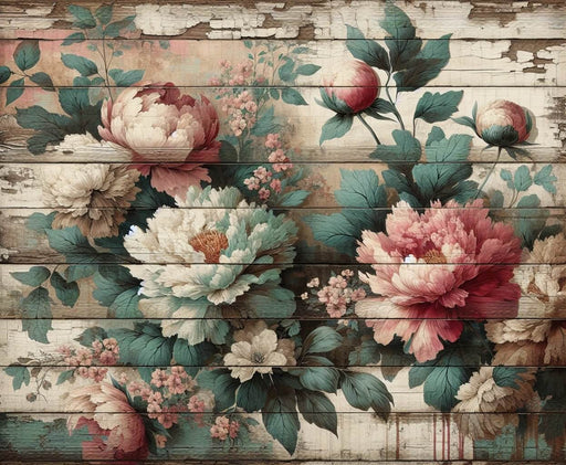 Peony wood wallpaper mural | Chinese flowers - distressed wood panel with vintage peonies and green leaves design
