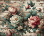 Peony wood wallpaper mural | Chinese flowers - distressed wood panel with vintage peonies and green leaves design