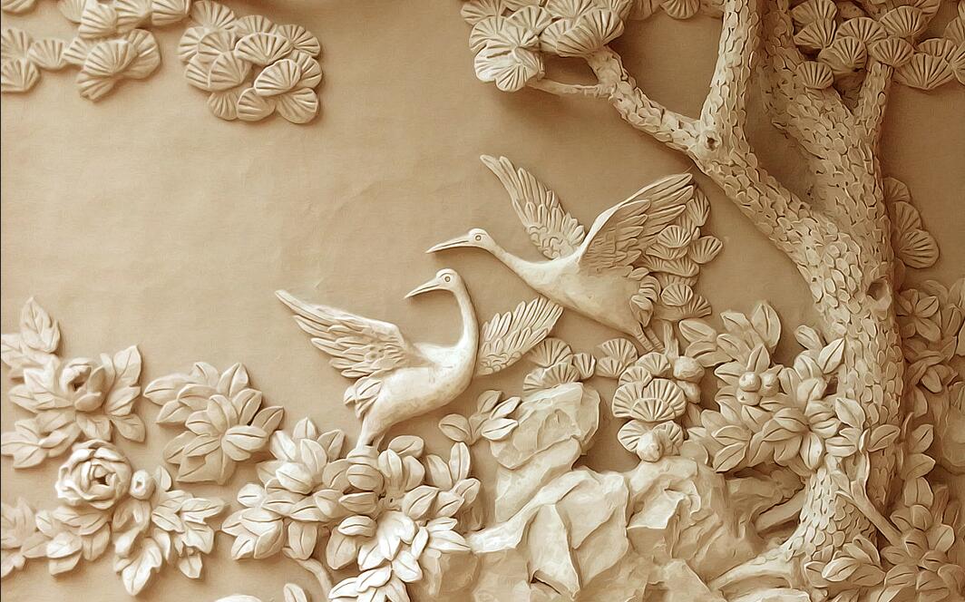 Pine Crane Flower Wallpaper Mural | beige relief style - Carving wallpaper