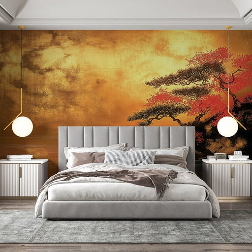 Pine Maple Landscape Wallpaper Mural | Golden Ancient Style Landscape Painting - Carving wallpaper