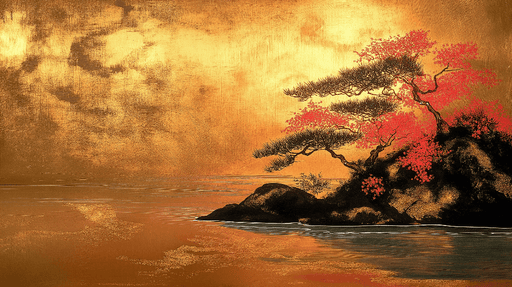 Pine Maple Landscape Wallpaper Mural | Golden Ancient Style Landscape Painting - Carving wallpaper
