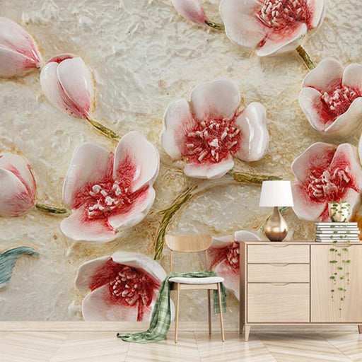 Pink and white flowers wallpaper mural | The pink and white flowers are delicate, natural and fresh - Carving wallpaper