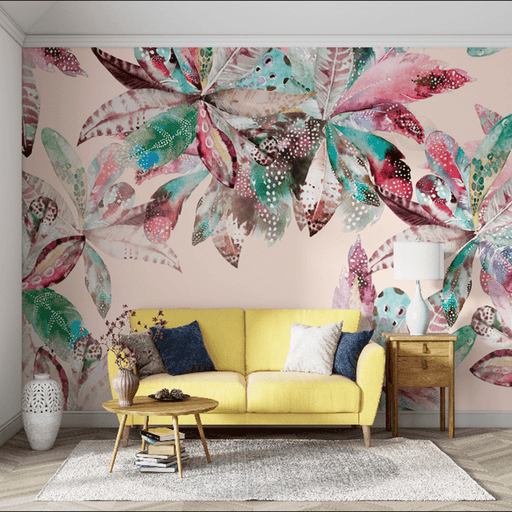 Pink background colorful leaf wallpaper mural | flowing colorful background wall - Carving wallpaper