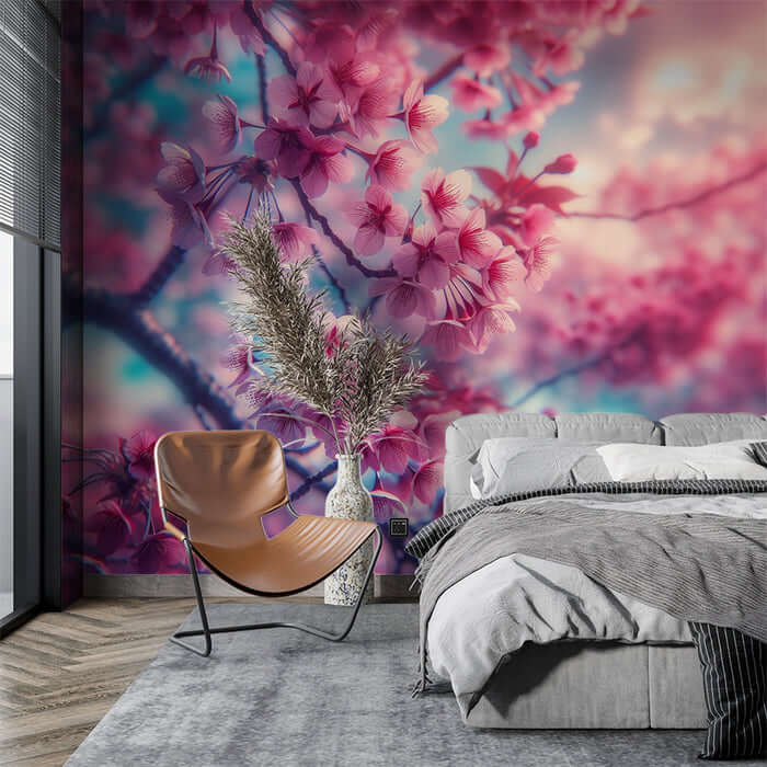 Pink cherry blossom wallpaper mural | Living room and bedroom decorative wall in soft pinks for romantic healing ambiance