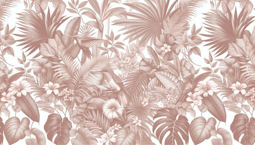 Pink clay jungle wallpaper mural | Large number of leaves and hummingbirds - Carving wallpaper