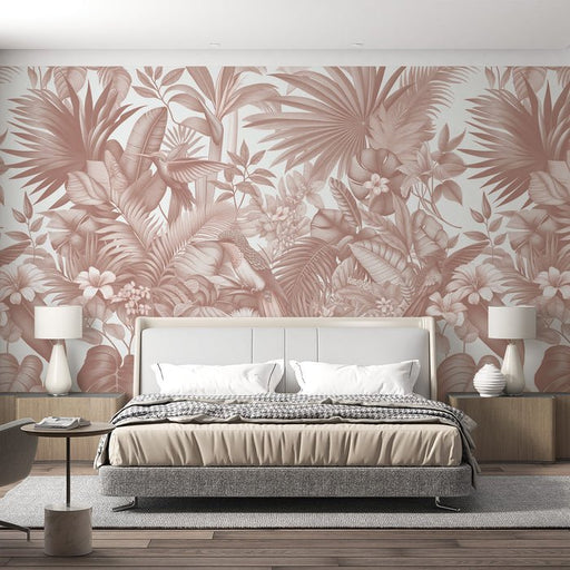 Pink clay jungle wallpaper mural | Large number of leaves and hummingbirds - Carving wallpaper