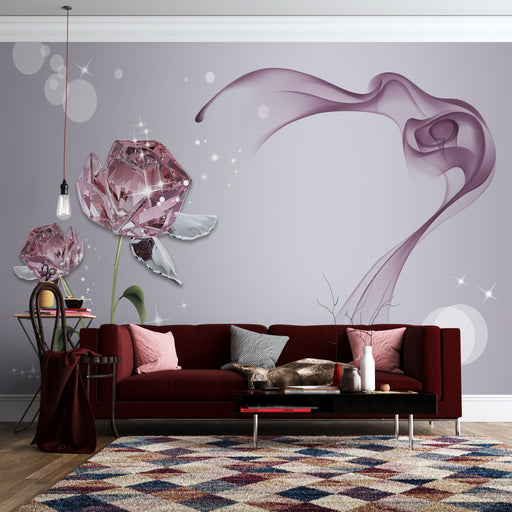 Pink crystal rose wallpaper mural | Dreamy smoke - Carving wallpaper