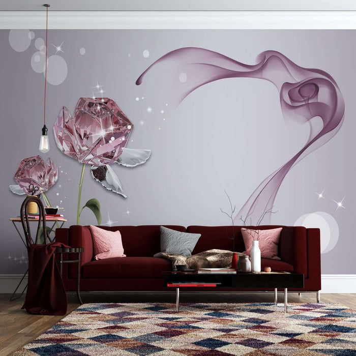 Pink crystal rose wallpaper mural | Dreamy smoke with dazzling pink rose petals, crystal texture, green leaves, soft purple mist, and light gray backdrop