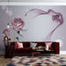 Pink crystal rose wallpaper mural | Dreamy smoke with dazzling pink rose petals, crystal texture, green leaves, soft purple mist, and light gray backdrop